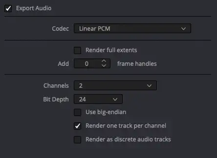 Audio Export Settings - 2 Tracks, je 1 Channel