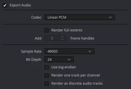 Audio Export Settings - 1 Track, 2 Channels
