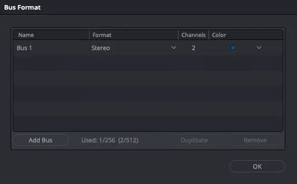 Bus Format Settings - Stereo